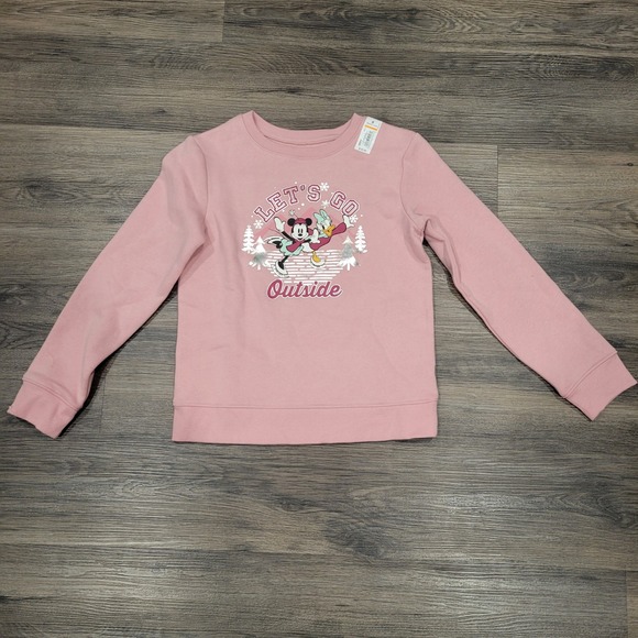 Disney Minnie Mouse Sweatshirt Let's Go Outside‎ Pink Crew Neck Size 8 - Picture 1 of 5